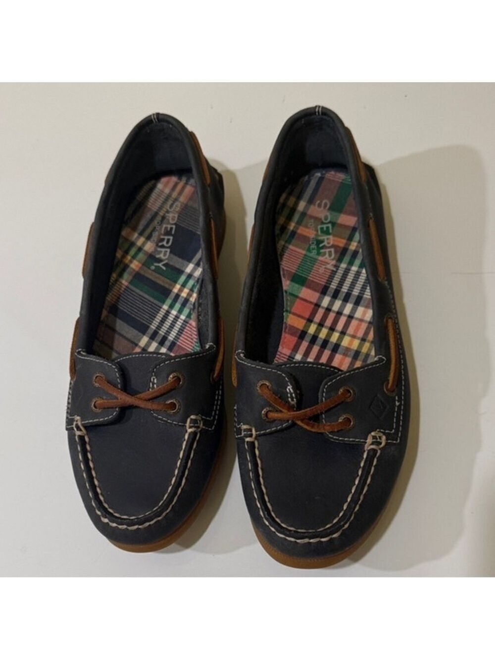 Sperry Top-Slider Women's Flat Shoes blueish Loafers with Plaid Lining Size 6